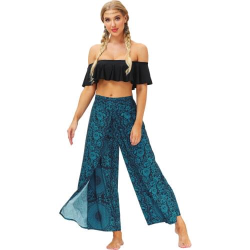 Womens Palazzo Casual Yoga Pants Slit Wide Leg Pants Casual Beach Boho Vintage Hippie Bohemian Pilate