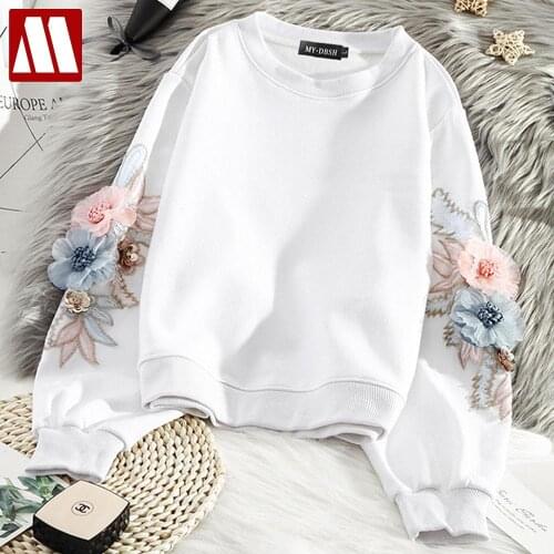 Female Thicked Flower Embroidery Hoodies Womens O Neck Long Sleeve Ins Warm Sweatshirt Autumn Spring 2021 New Solid Ladies Tops