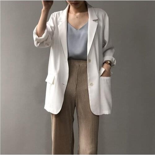 New 2020 Summer Fall Womens Blazers Casual Jacket Pockets Buttons Notched Oversize Vintage Pockets Wild Tops CL428