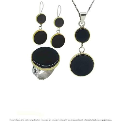 Silver Round Hand Job Onyx Cubic Zirconia Women Set Jewelry