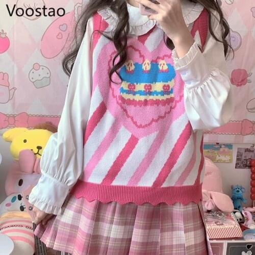 Japanese Sweet Lolita Style Love Hearts Cake Knitted Vest Autumn Girly Cute Loose JK Sweater Pullovers Women Harajuku Waistcoat