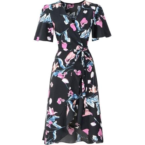 Women Elegant Short Sleeve Chiffon Dress 2021 Summer Casual Floral Print Vintage Chest Wrap Split Boho Beach Sundress Plus Size