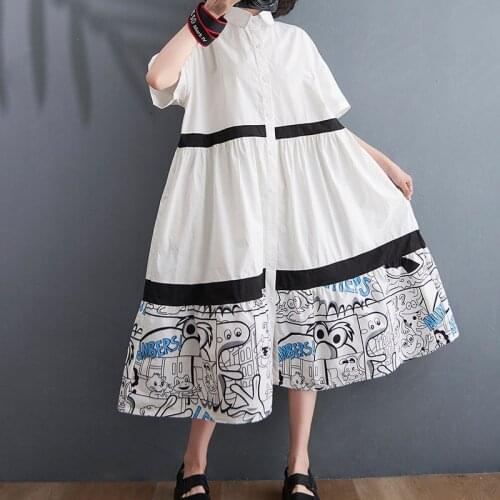 4XL 5XL 6XL Fashion Printed Splicing Ruffles Midi Dress Women Large Size Single-Breasted Dress Vintage Loose Shirts Dresses Robe