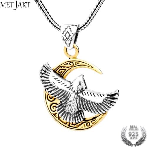 MetJakt Punk Flying Eagle Golden Moon Pendant Necklace Solid 925 Sterling Silver and Snake Chain Mens Personalized Jewelry