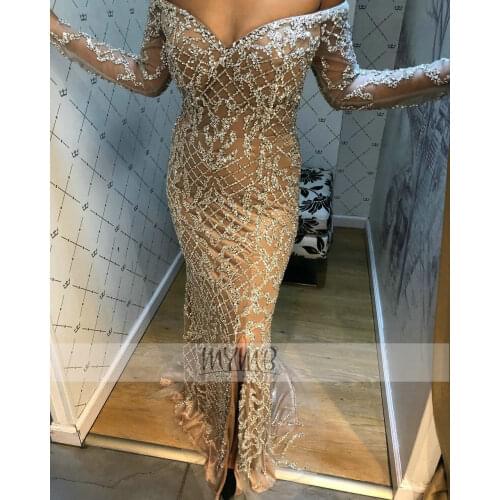 Exclusive Gorgerous Prom Party Gowns Off Shoulder Long Sleeve Platinum Luxury Beaded High Split Sexy Evening Dress For Wedding