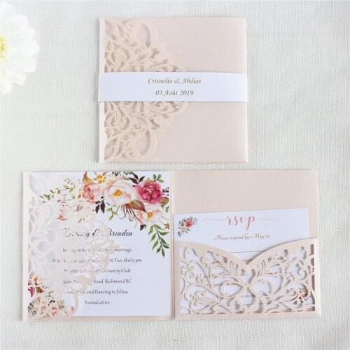 Elegant Invitation Card Wedding Marriage Soft Pink Pearl Paper Pocket Fold Customized Printing 50pcs
