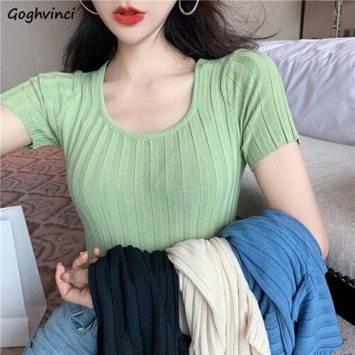 Multi-colors Short Sleeve Square Collar T-shirts Women Elegant Office Lady Slim Solid Simple Knitted Tops Cozy All-match T Shirt