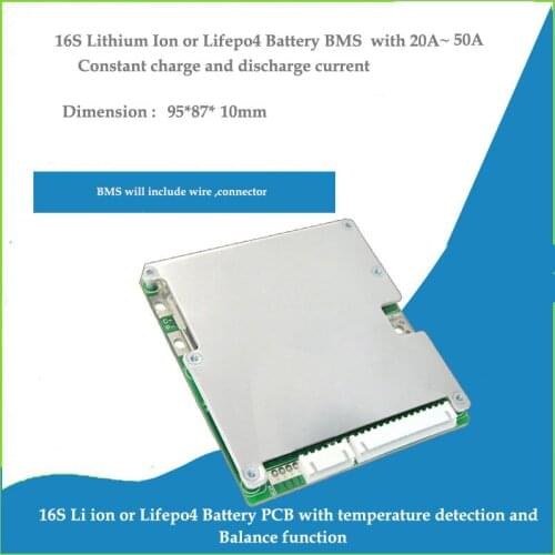 16S LI ion 60V Battery PCB and 48V Lifepo4 BMS with 20A to 50A constant charge and discharge current for 58.4V 16S protection