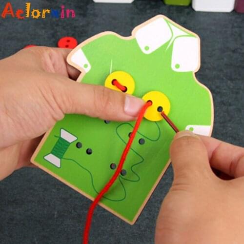 Early Educational Toys Learn To Wear Clothes Lacing Board Kids Wooden Toys Toddler Sew On Threading Buttons