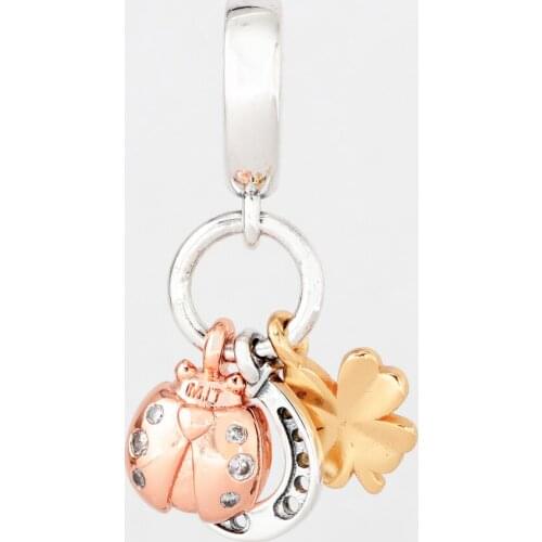 Authentic 925 Sterling Silver Horseshoe Clover Ladybird Hanging pan Charms Fit Original Bracelet For Women DIY Jewelry