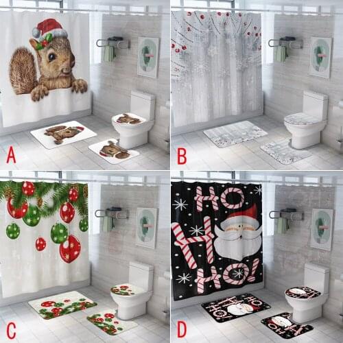Simple and Lovely Christmas Series Bathroom Set Squirrel Polyester Waterproof Bath Shower Curtain Toilet Cover Mat Non Slip Rug