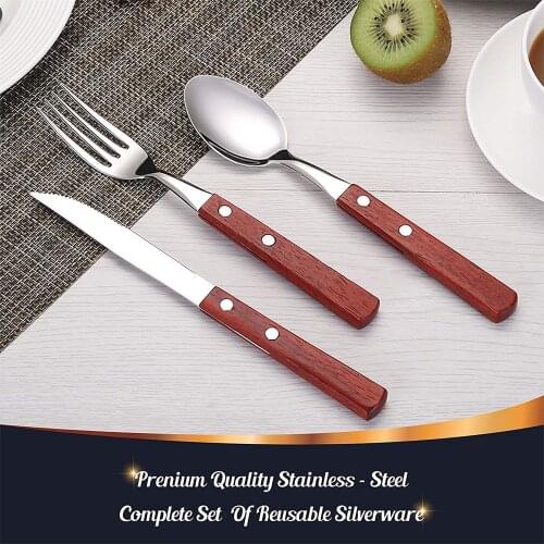 Stainless Steel Cutlery Steak Knife Fork Spoon Flatware Wood Handle Dinnerware Party Dinner Portable Tableware Reusable Utensils