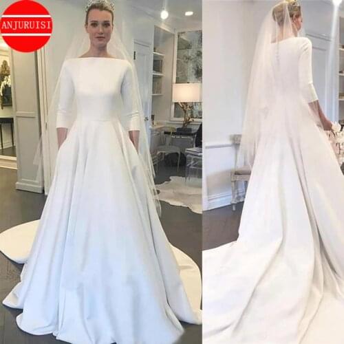 Three Quarter Sleeves Wedding Dresses 2020 Meghan Markle Style Boat Neck Buttons Back A Line Bridal Gown White Satin Trouwjurk