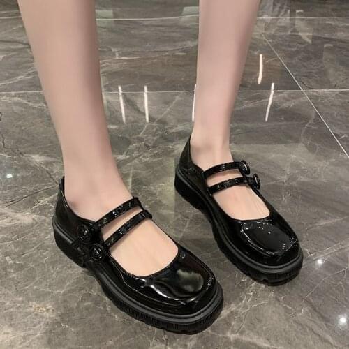 Womens Leather Shoes Spring New British Style Shallow Mouth Square Toe Breathable Leather Shoes Womens Flat Mary Jane Shoes