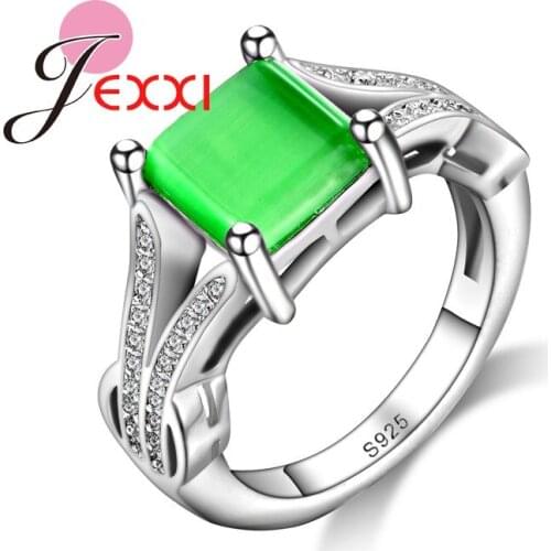Women Fashion Square Cut Clear Green Crystal Rhinestone Jewelry Stamped Silver Engagement Propose Rings
