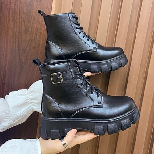 Big Size Ladies Martin Boots 2021 Spring Autumn Round Toe Square Heels Lace Up Motorcycle Shoes Women Female Ankle Short Boots