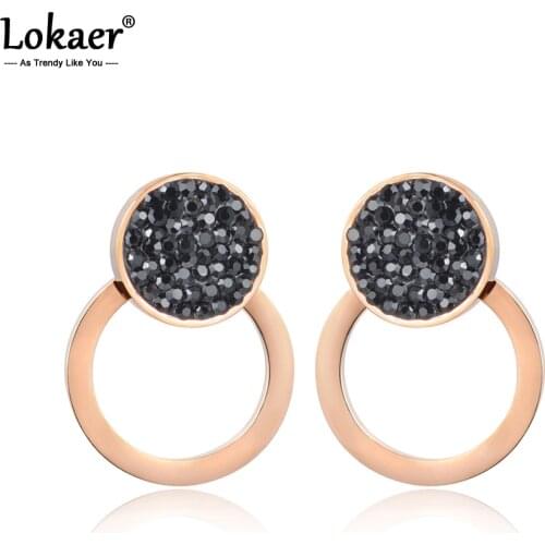 Lokaer Black White Rhinestone Double Circle Earrings For Women Titanium Steel Rose Gold Wedding Earrings Jewelry E18015