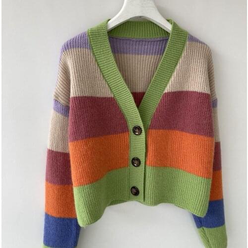 Rainbow Striped Women Sweater Coat Long Sleeve V-neck Causal Knitted Cardigan 2020 Autumn Winter Korean Pull Femme Office Lady