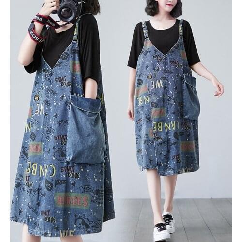 2021 Personalized Big Pocket Denim Sleeveless Dress Overalls Plus Size Womens Summer Loose Letter Print Suspender Dress M242