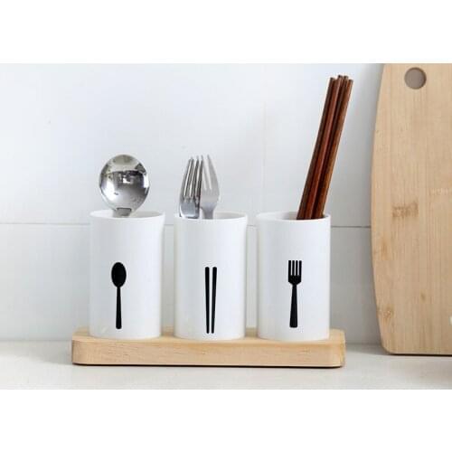 1PC PP+Oak Washable Kitchen Draining Rack Organizer Storage Box Spoon Spatula Chopsticks Brush Holder with Wood Base NJ 002