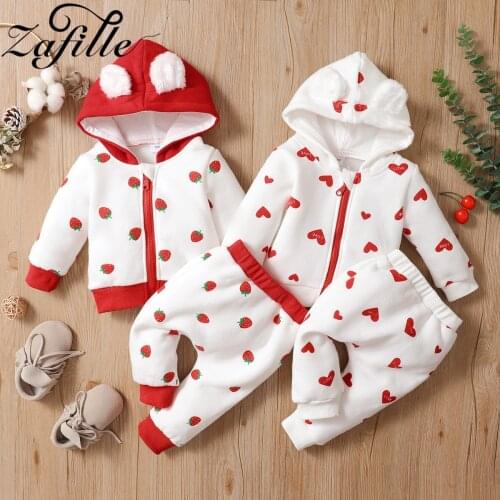 ZAFILLE Baby Girl Winter Clothes Warm Plus Velvet Hooded Love Sweatshirt and Pants 2pcs Toddler Kids Baby Outfits Clothes