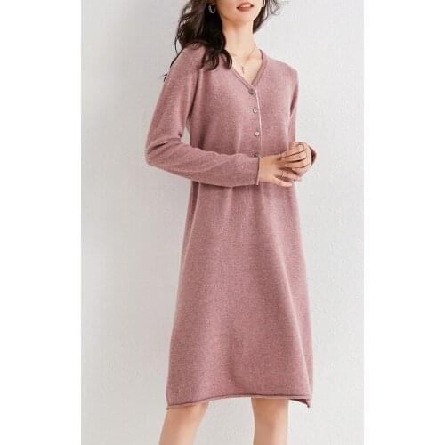 2020 Women Cashmere wool Knit Dress V-neck Slim Long Dress Straight Solid Color Simple Womens long Sweaters Winter Full Sleeve
