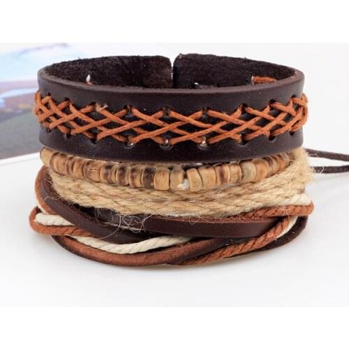 4pcs/set Handmade Boho Gypsy Hippie Leather Hemp Rope Cord Beige Wood Beads Charm Wrap Layers Adjustable Wide Bracelets for Man