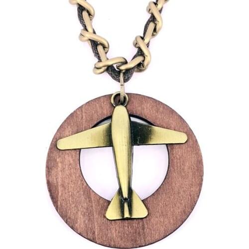 Antique Vintage Long Rope Chain Necklace Wooden antique bronze Alloy plane Pendants Neckless Cord Jewelry Accessories