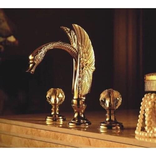 Free ship Golden swan sink faucet 3 Pieces widespread lavatory basin mixer tap crystal handles classic tap