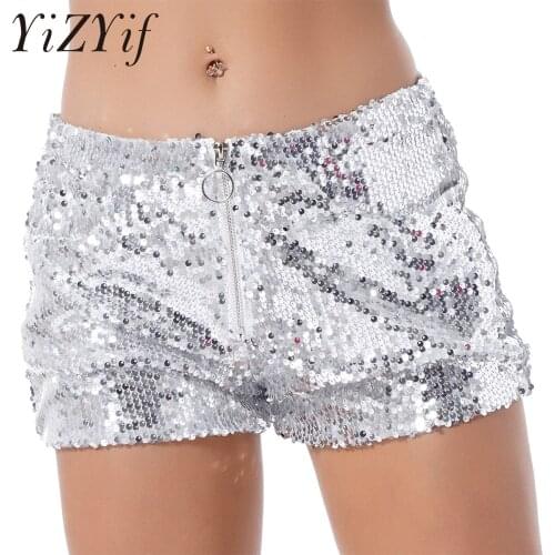 Bling Sexy Women Sequin Shorts High Waist O-Ring Zip Bodycon Shorts Feminino Skinny Party Club Festival Raves Pole Dance Shorts