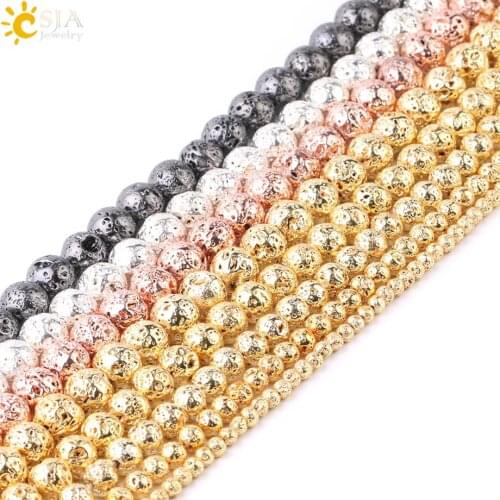 CSJA 4 6 8 10 12mm Lava Hematite Beads Plating Gold Silver Color Coated Volcanic Rock Stone for DIY Jewelry Making Necklace F731