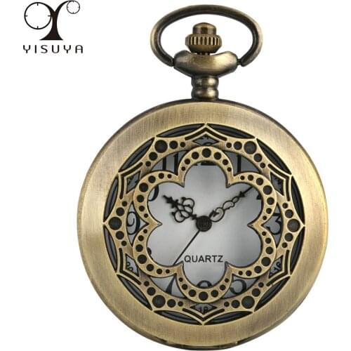 Antique Bronze Hollow Flowers Necklace Retro Watch Quartz Movement Vintage Pendant Accessory Pocket Clock with Sweater Chain