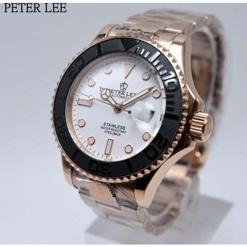 PETER LEE Brand 40mm Luxury Mechanical Automatic Men Watches Ceramic Bezel Auto Date Watches Stainless Steel Gold Wristwatches