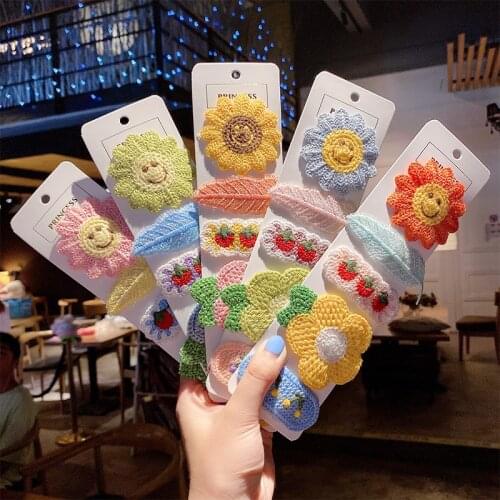 Korean Children Wool Hairpin Girl Baby Knitting Bangs Hair Clip Head Ornament Leaf Flower Embroidery Hair Accessories