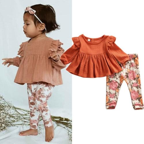 6M-5Y Toddler Baby Kid Girls Flower Clothing Set Autumn Long Sleeve Ruffles Tops + Floral Pants Outfits 2Pcs Suits