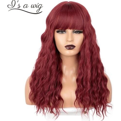 Is a wig Long Natural Wave Red Synthetic Wig with Bangs Black Blue Color for Women Heat Resistant Fiber