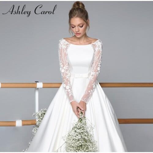 Ashley Carol A-Line Wedding Dress 2021 Elegant Satin Long Sleeve Beaded Flowers Backless Princess Bride Dresses Vestido De Noiva