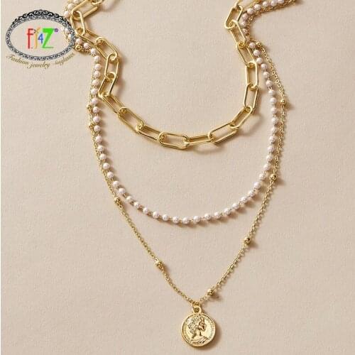F.J4Z 2021 Trend Necklace for women Simulated Pearl Curb Chain Layer Necklaces Coin Pendant Lady Jewelry Gifts Dropship