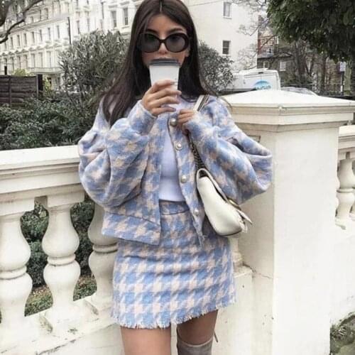 Foridol Vintage Button Check Gingham Plaid Blazer Dress Suits High Waist Skirts Sets Autumn Winter Purple 2 Pieces Set outfits