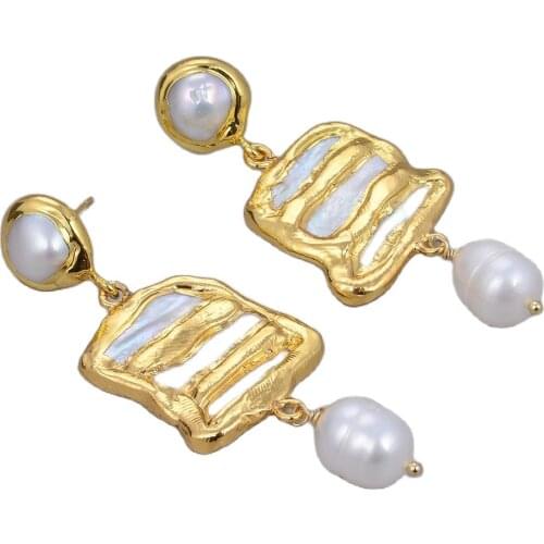 GG Jewelry Natural White Biwa Freshwater Pearl With Electroplated Edge Rice Pearl Dangle Pearl Stud Earrings For Women