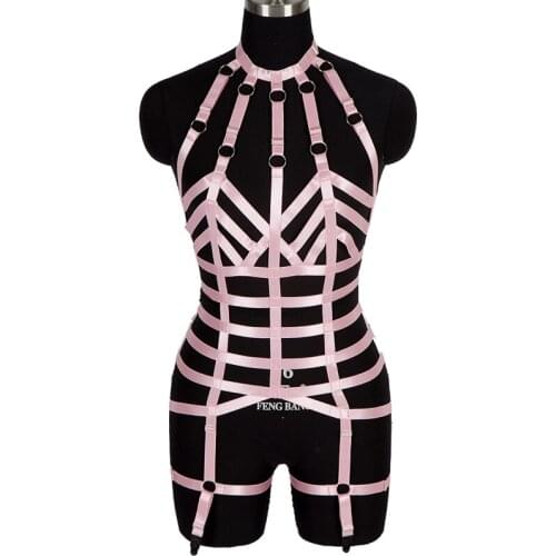 Women Elastic Body Harness Lingerie Set Erotic Caged Cross Bandage Cupless Bra Hollow Out Suspenders Garter Belts Goth Clubwear