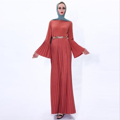 Fashion pleated Muslim Robe syari female Dubai fashion flare sleeve full length Muslim abaya Arab Worship Service abayas F1269