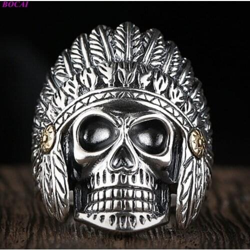 BOCAI Original design Solide Personality skull Silver Ring male domineering opening retro student creative gift for men