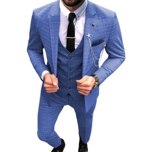 Mens Suit 3 Piece Plaid Formal Business Notched Lapel V Neck Tuxedos Groomsmen for Wedding Suits Men 2019 (Blazer,Vest & Pants)