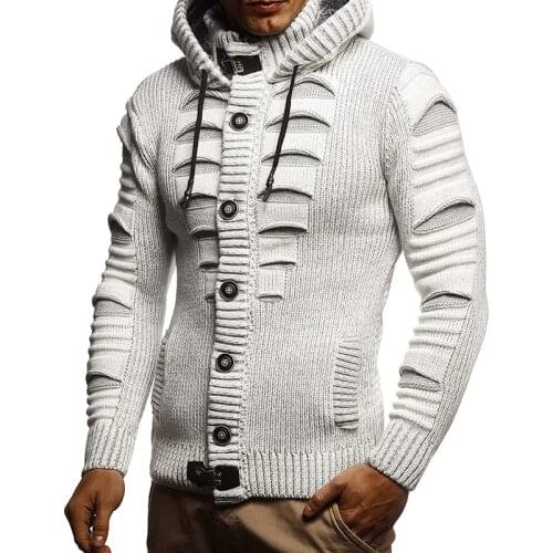 2021 Mens Autumn and Winter New Hooded Knit Cardigan Youth Fashion Multi-Button Keep Warm Outerwear Sweater