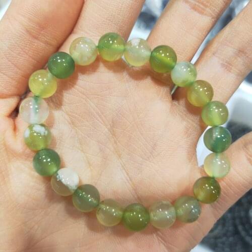 Natural Green Cherry Blossom Agate Bead Bracelet Bangle Handmade Power Stone Jewelry Womens Gem Elastic Bracelet