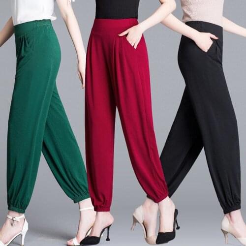 2021 New Women Summer Ice Silk Bloomers Pants Thin Section Plus Size Mother Trousers Nine-Point Square Dancing Ladies Pants L759