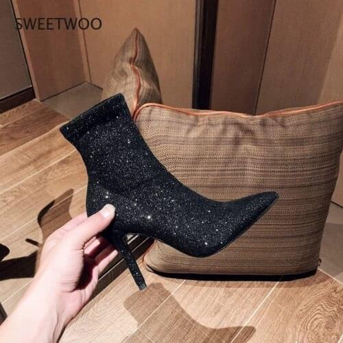 2021 New Autumn Bright Diamond High Heel Womens Shoes Pointed Toe Stiletto Boots Black Stretch Thin Socks Boots Marti Boots