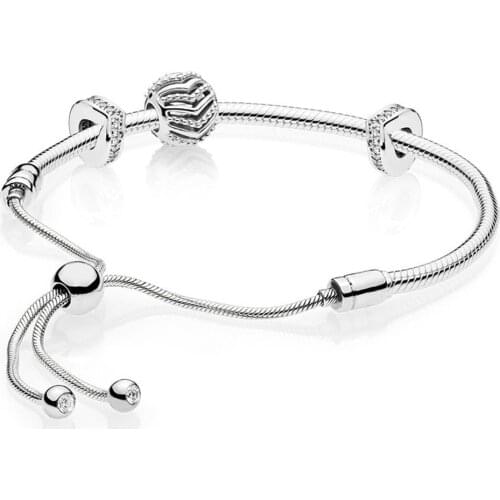 NEW 100% 925 Sterling Silver 2019 New Shimmering Stylish Wish Charm Beaded Gift MOMENTS SLIDING BRACELET Set Adjustable Size