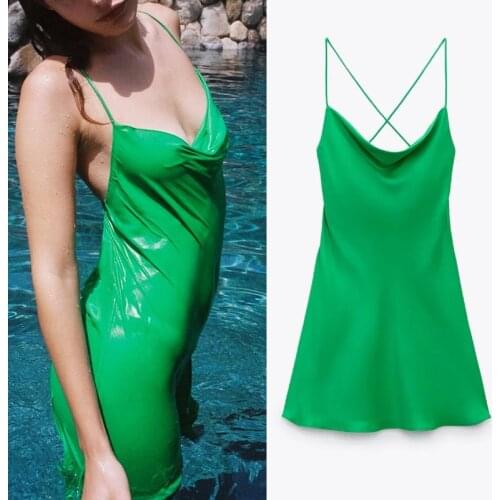 TRAF Za 2021 Green Slip Dress Woman Mini Satin Dress Women Backless Pink Summer Dresses Thin Straps White Black Night Dresses